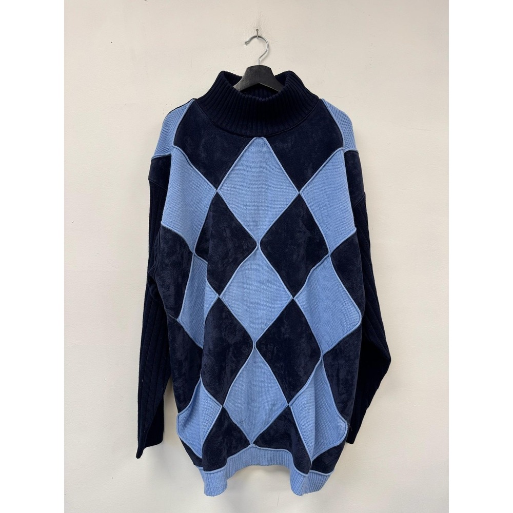 Vintage Koman Sport Sweater Mens 2XL Blue‎ Argyle Mock Neck Pullover 90s Preppy